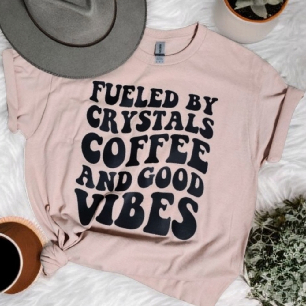 Gildan Pink Oversized Boho Crystal Vibes & Coffe Lovers Graphic Tee